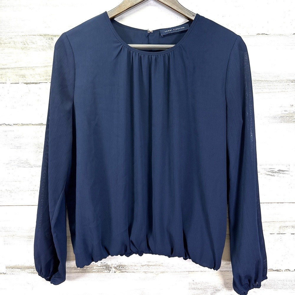 Tommy Hilfiger Navy Blue Chiffon Specially Dyed Lightweight Gathered Shirt Sz M